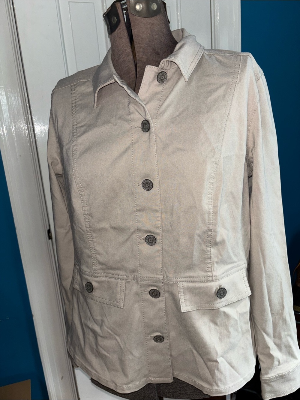 Susan Graver Uptown Stretch Button Front Peplum Jacket Beige/Khaki